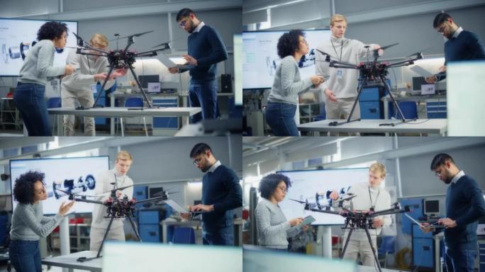 高加索年轻工程师与开发实验室的不同同事一起检查无人机。无人机机构概念的设计，操作和性能研究