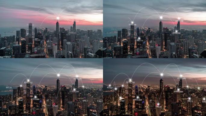 T/L ZI鸟瞰芝加哥城市天际线和5g网络概念，日落到夜晚的过渡
