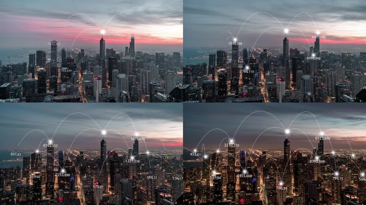 T/L ZI鸟瞰芝加哥城市天际线和5g网络概念，日落到夜晚的过渡