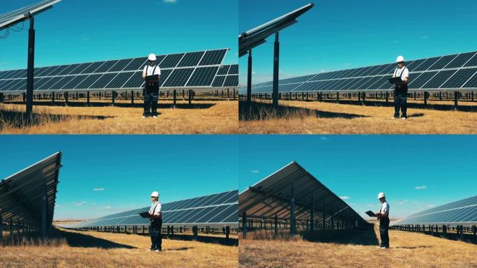 男性专家正在观察太阳能领域。节能、能效、可再生能源概念。