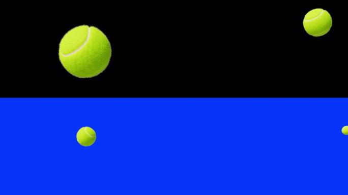 网球在蓝色和黑色背景下以慢动作击中相机特写镜头。2个视频。美丽的网球3d动画飞球孤立的绿屏。运动概念