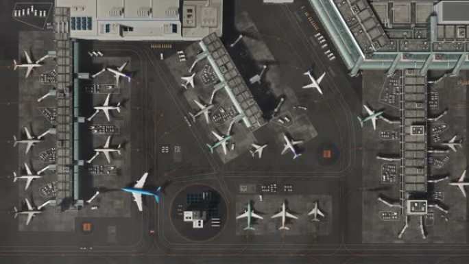 带有飞机，客运大楼，跑道和服务机械的3D商业机场鸟瞰图。现代VFX飞机在白天移动国际港口的俯视图。