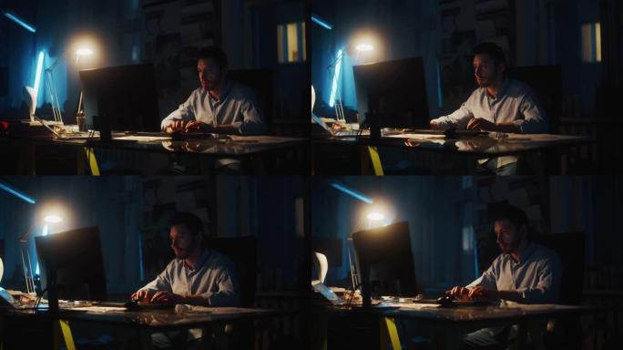 年轻帅哥晚上在黑暗阁楼办公室的创意机构的台式电脑上工作。翻新的时尚装饰，配有室内植物、艺术海报和大圆