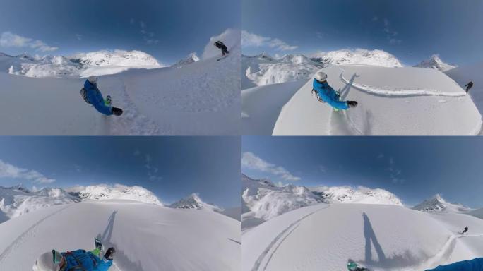 自拍照: 在未触及的加拿大落基山脉中，两个很酷的滑雪板直升机。