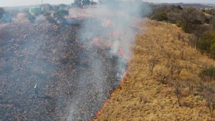 气候紧急情况。一名消防员试图扑灭南部非洲因干旱和气候变化引起的草地大火的鸟瞰图