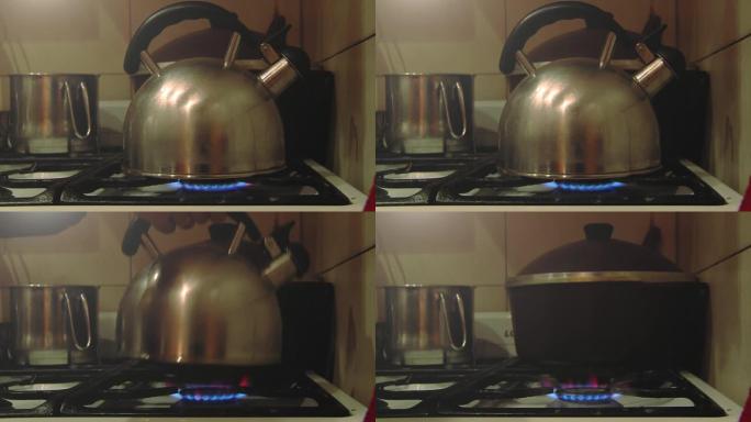 吹口哨的茶壶在厨房里沸腾。特写。