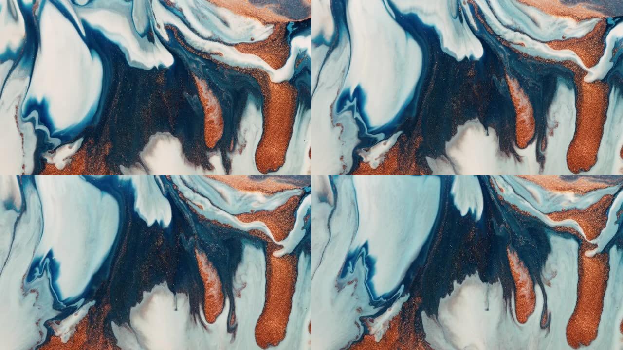复杂的抽象背景，以波浪形图案流动的棕色和白色蓝色油漆