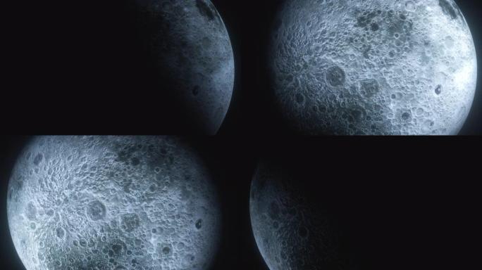 月亮相位的特写3D动画时间流逝。美丽的夜间月亮无缝循环背景。逼真的清洁月球表面全周期阴影。夜间发光的