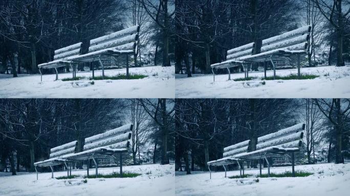 冬季在公园长椅上下雪