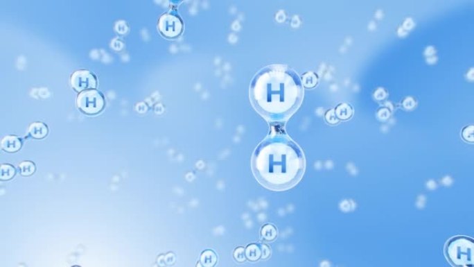 氢分子。我们移动到分子水平，然后飞向氢分子。绿色能源的蓝色概念。无碳。