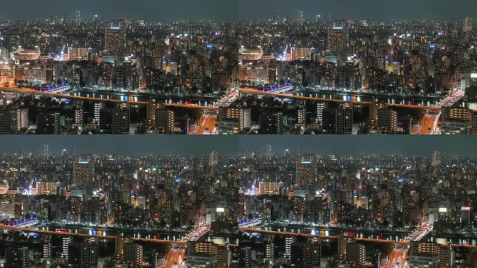 东京城市景观的时间流逝与各种建筑摩天大楼在夜间，日本