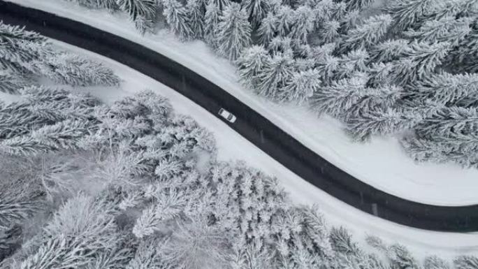 空中自上而下拍摄的白色汽车在冬季白雪皑皑的森林中沿着道路行驶。冬天开车旅行，恶劣天气开车