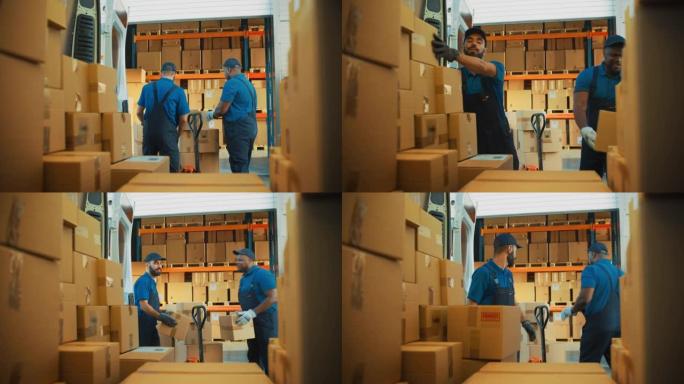 物流配送仓库外: 两个快乐的工人用纸箱装载送货卡车，然后交付在线订单，采购，电子商务商品。从面包车内