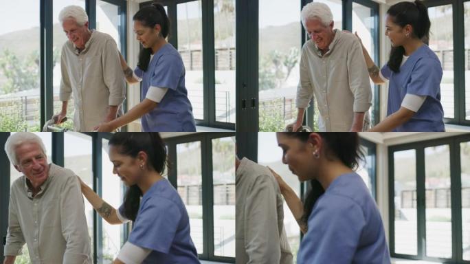一名女护士帮助她的老年男性患者使用助行器的4k视频片段