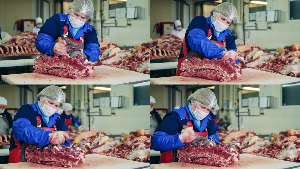 女工厂工人正在切割大块肉