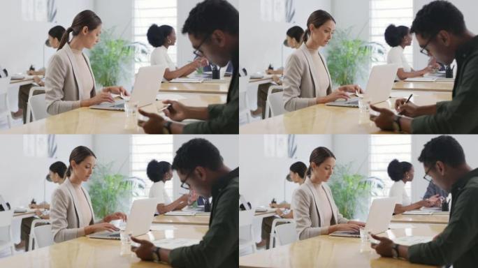 女商人在繁忙的办公室里用笔记本电脑工作，同事在后台。专注的企业家在创业公司的办公桌上浏览互联网，同时