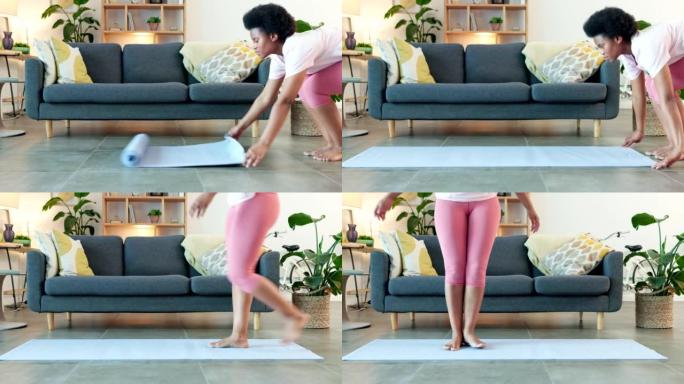 活跃的女性保持健康，铺上垫子做伸展运动。练习瑜伽是一项柔韧性和力量的运动。一位女士准备在沙发前的客厅