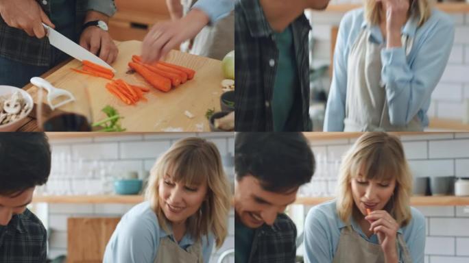 健康，胡萝卜和饮食夫妇一起在厨房里吃烹饪和吃蔬菜作为素食生活方式。年轻的营养师厨师与维生素食品一起做