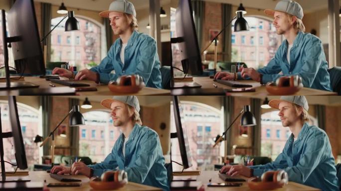 年轻英俊的成年男子戴着帽子，在阁楼公寓用台式电脑工作。有才华的男性从家里或创意办公室检查和写电子邮件