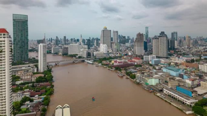 鸟瞰图曼谷城市景观和曼谷市中心区Chao Praya河上的摩天大楼
