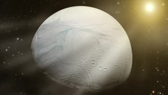 冰冷的土卫二，土星的月亮，在太阳前面。NASA提供的这段视频的元素。