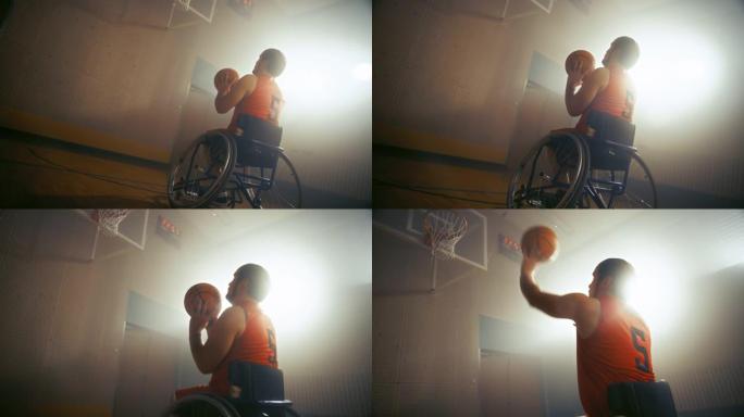 轮椅篮球运动员运球，成功射门，打进完美进球，举手庆祝。残疾获胜者的技能。荷兰角度紧随其后