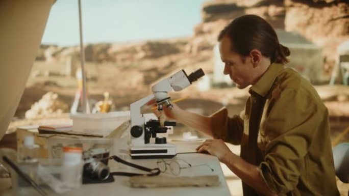 考古挖掘地点: 伟大的男性考古学家进行文化研究，发现古代文明历史文物，发掘地点的化石遗骸，并在显微镜