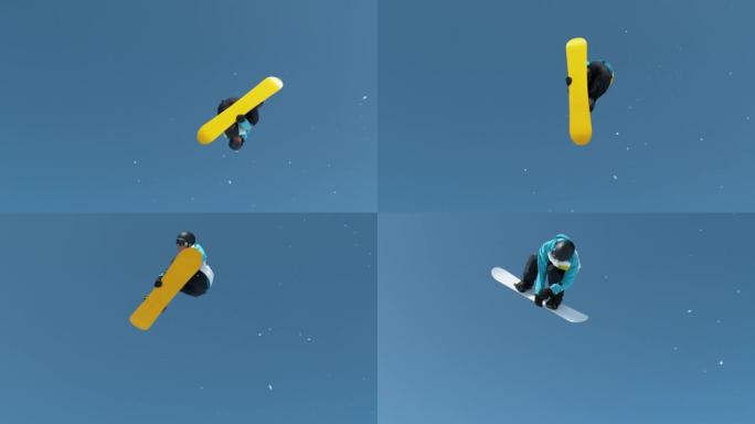慢动作: 滑雪者跳入空中并执行翻滚旋转技巧。