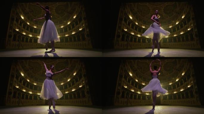 一位年轻优美的古典芭蕾舞女舞者穿着白色芭蕾舞短裙的电影镜头正在经典剧院舞台上进行编舞，并在演出开始前