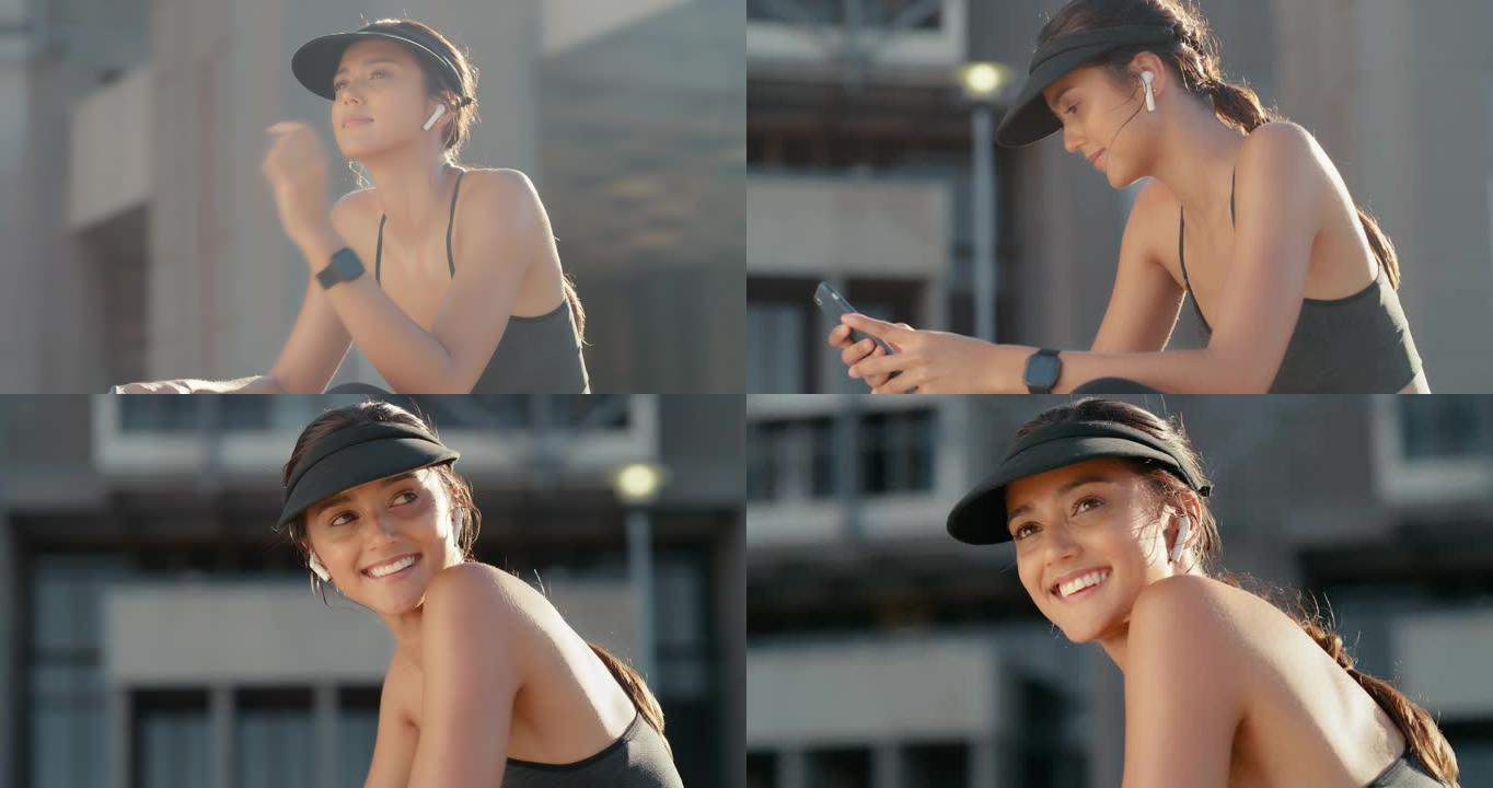 4k视频片段，一名妇女坐在外面时使用手机并戴着耳罩