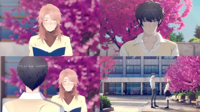 动漫卡通蒙太奇，年轻人在校园里遇到一个害羞的女孩，樱花树叶四处漂浮。日本风格的数字电视节目，用于在流