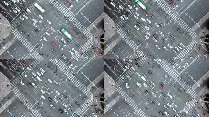 行人在拥挤的交通中行走的无人机视图