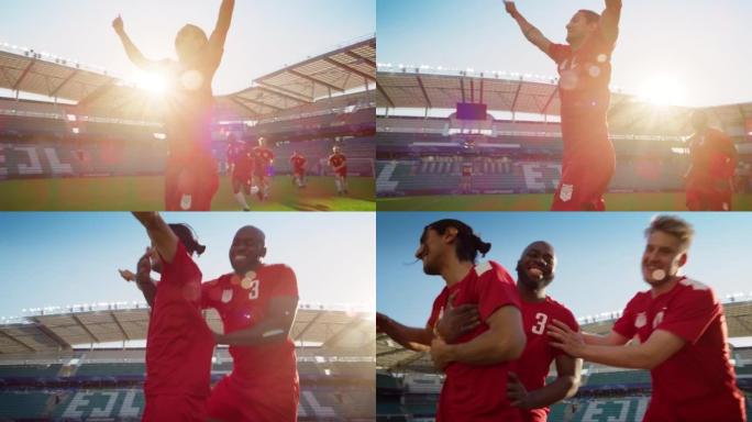 足球世界锦标赛: 红队进攻并进球，赢得比赛，球员开心，庆祝胜利，拥抱，联赛冠军。足球频道转播，电视播