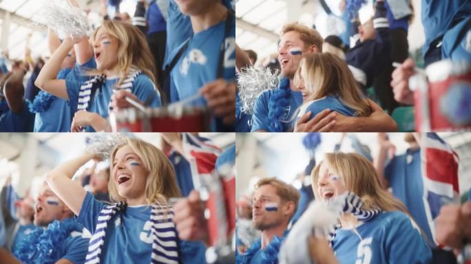 体育馆大事件: 一群球迷为蓝色足球队获胜而欢呼。人们庆祝进球，冠军胜利。可爱的白种人夫妇，脸上涂着脸
