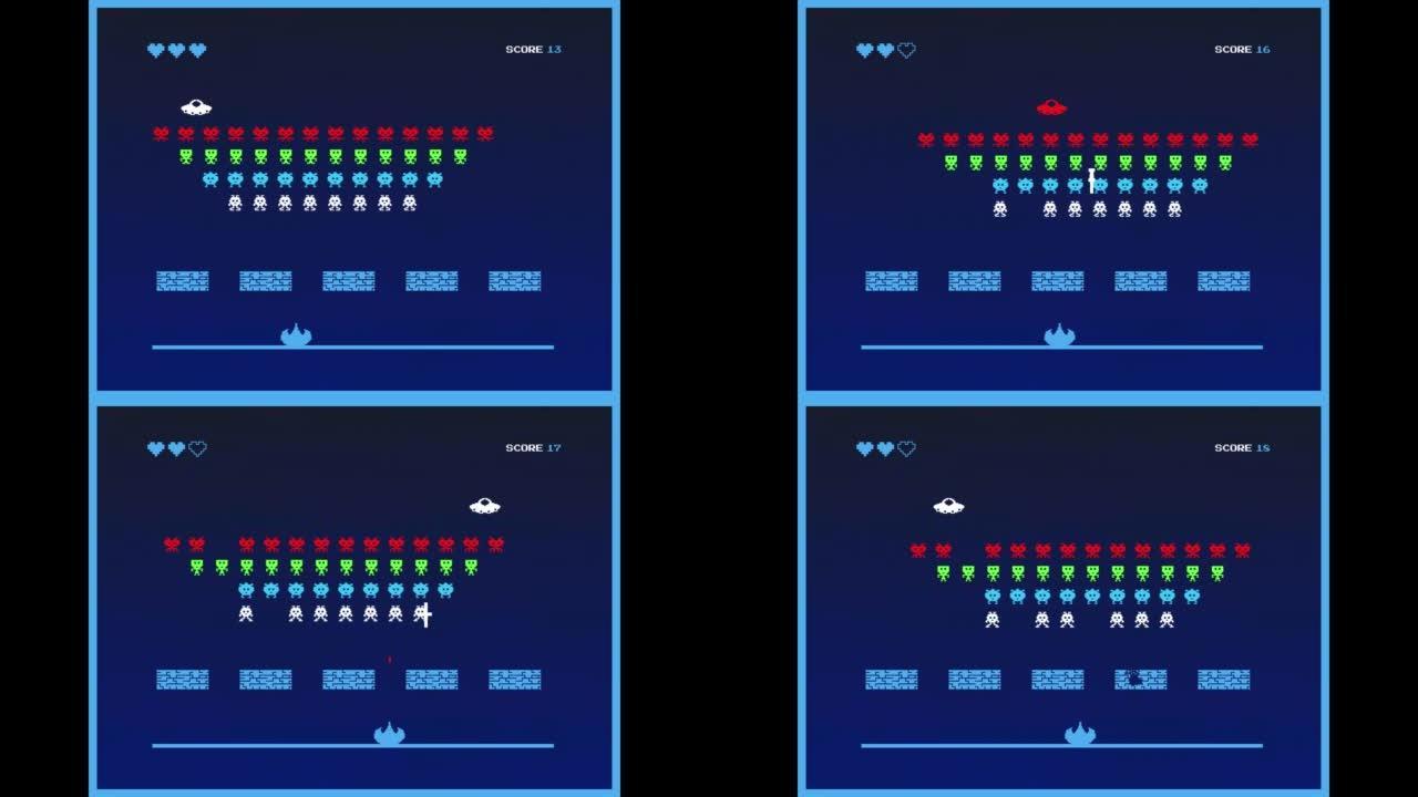 复古8位80年代灵感的游戏机街机视频游戏。加载屏幕和播放电视或移动设备屏幕与太空飞船击落外星人和飞碟