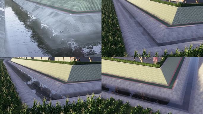 农村玉米地水渠拐角流水三维模拟演示动画