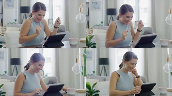 4k视频片段，一名年轻女子在家中在线购买后感到兴奋