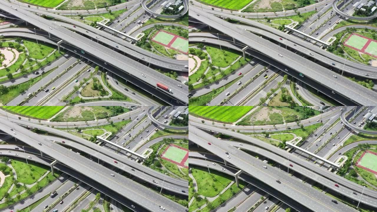 高速公路交叉口的鸟瞰图。相交的高速公路立交桥