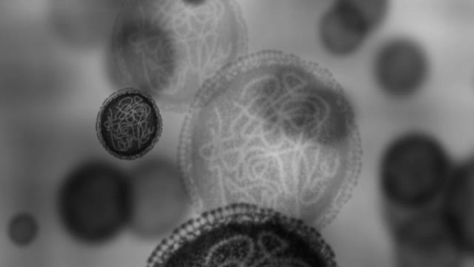 DNA，细菌颗粒显微镜放大的新冠病毒，肝炎或癌症研究实验室。黑细胞RNA保健的医学研究，实验室细菌的