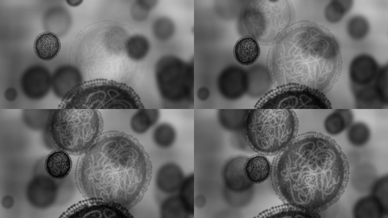 DNA，细菌颗粒显微镜放大的新冠病毒，肝炎或癌症研究实验室。黑细胞RNA保健的医学研究，实验室细菌的