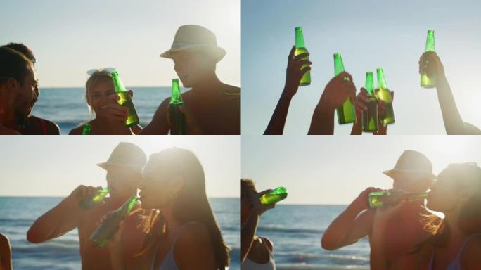 穿着泳装的年轻多民族朋友的慢动作特写镜头，他们在日落时分有大海的海滩上一起喝啤酒为他们的暑假开始欢呼