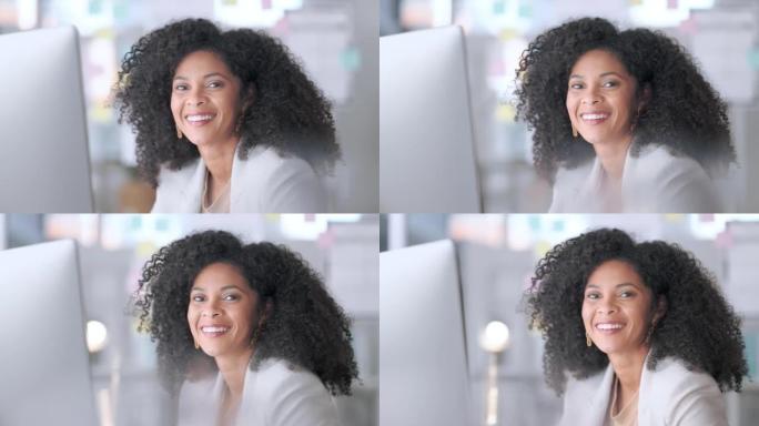 女企业家微笑着，看着开心，坐在电脑前，对自己的创业充满信心。友好的心理学家回答提供在线治疗课程
