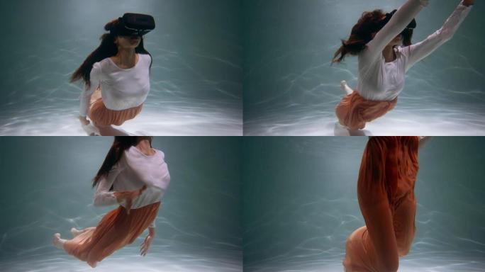 虚拟现实的未来电影视角，虚拟现实耳机中的快乐混血女人在水下慢动作深处游泳