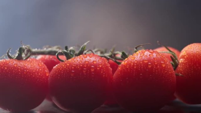 树枝上成熟的红色西红柿。水滴鸡尾酒番茄，背景是厨房烟雾，地中海美食。制作番茄酱或西班牙凉菜汤。UHD