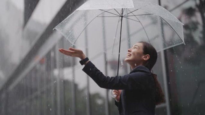 亚洲女商人站在雨中撑着伞