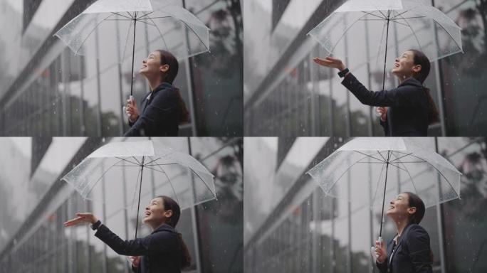 亚洲女商人站在雨中撑着伞