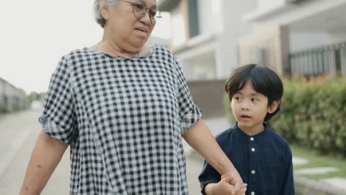 老年妇女和孙子散步。