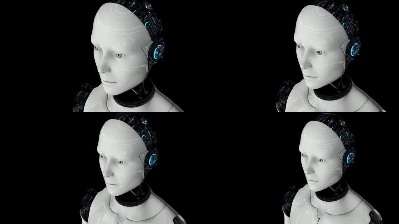 人形机器人是活跃的。人工智能。摄像机移开了。4K. 3D动画。在黑色背景上。