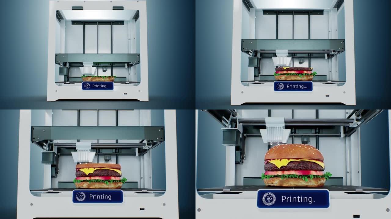 未来主义食品生产概念。饥饿问题3d打印机打印汉堡插图汉堡自动制作技术3d动画延时工业业务