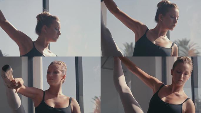 4k视频片段，一名年轻女子在芭蕾舞工作室中伸展